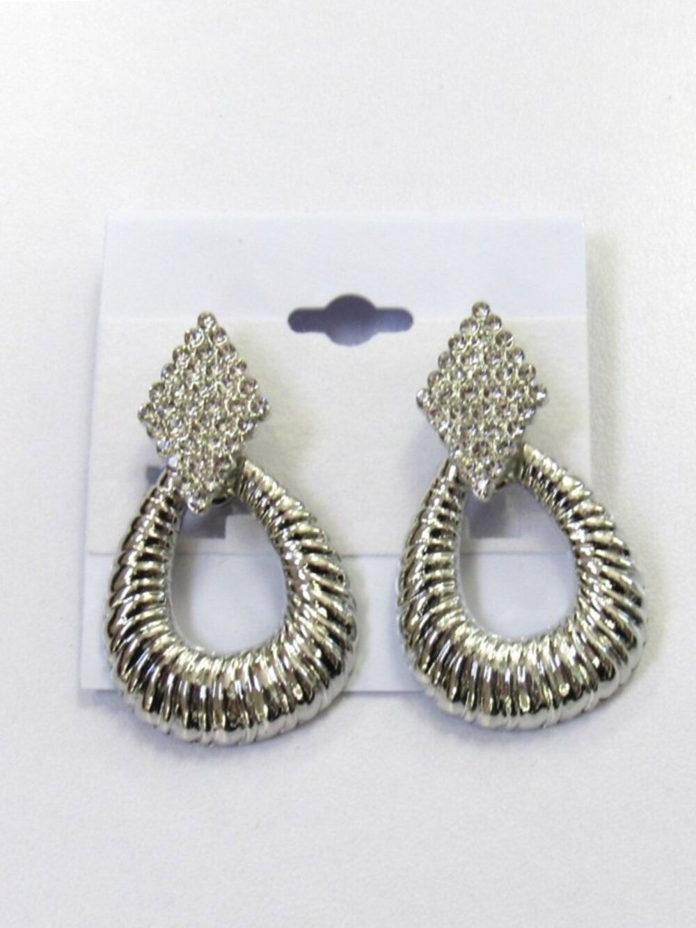 Silver Plated Rhinestone Doorknocker Clip On Drop Dangle Earrings Clip-ons